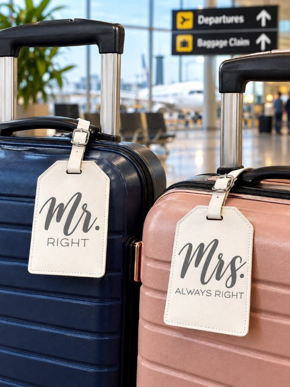 White and Gray Mr. Right Mrs. Always Right 2-Piece Luggage Tag Set NIB